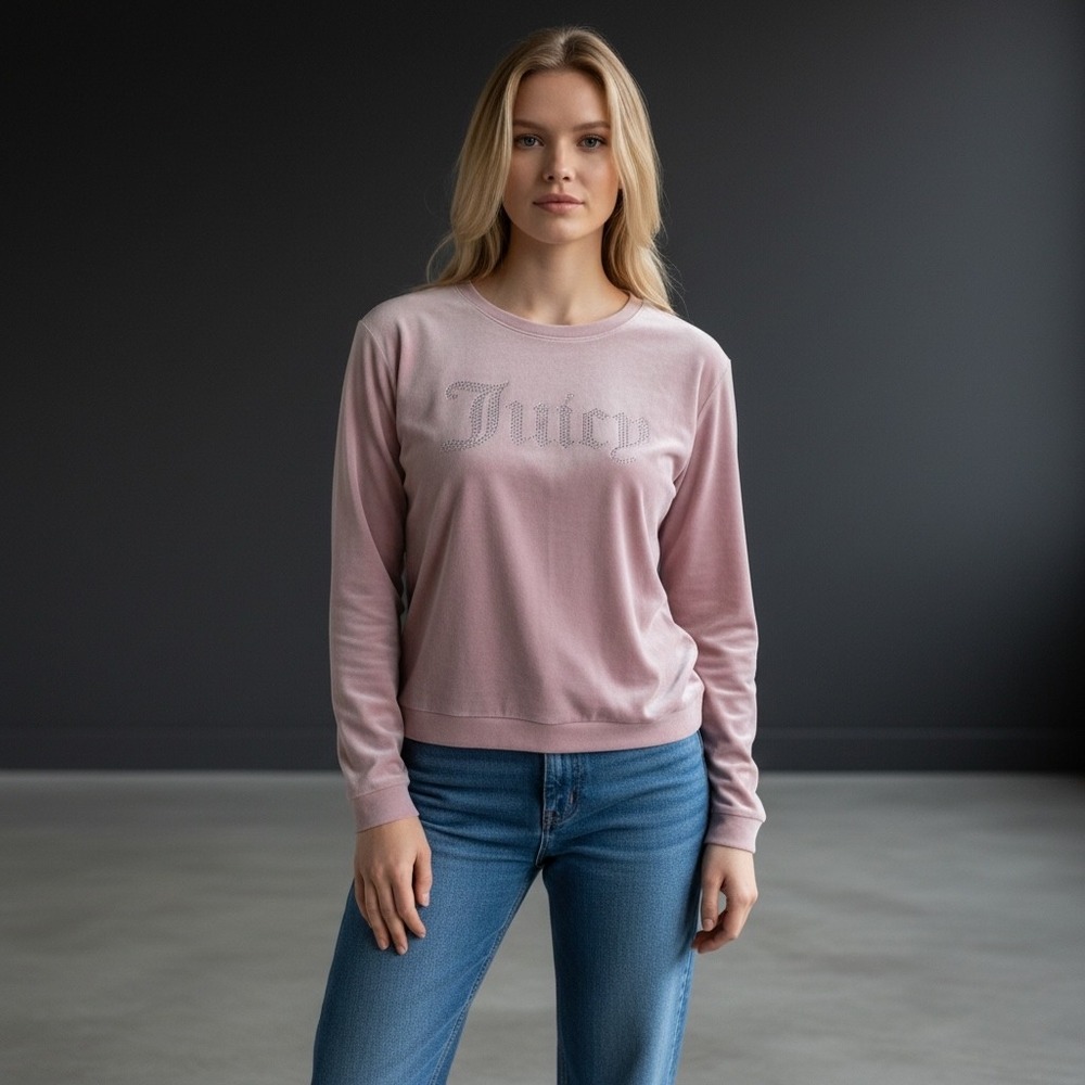 Juicy Couture Velour Pullover Sweater Pink Rhinestone Logo Crewneck Size‎ M Y2K